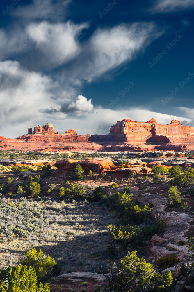 Red rocks on a plateau under a cloudy sky.