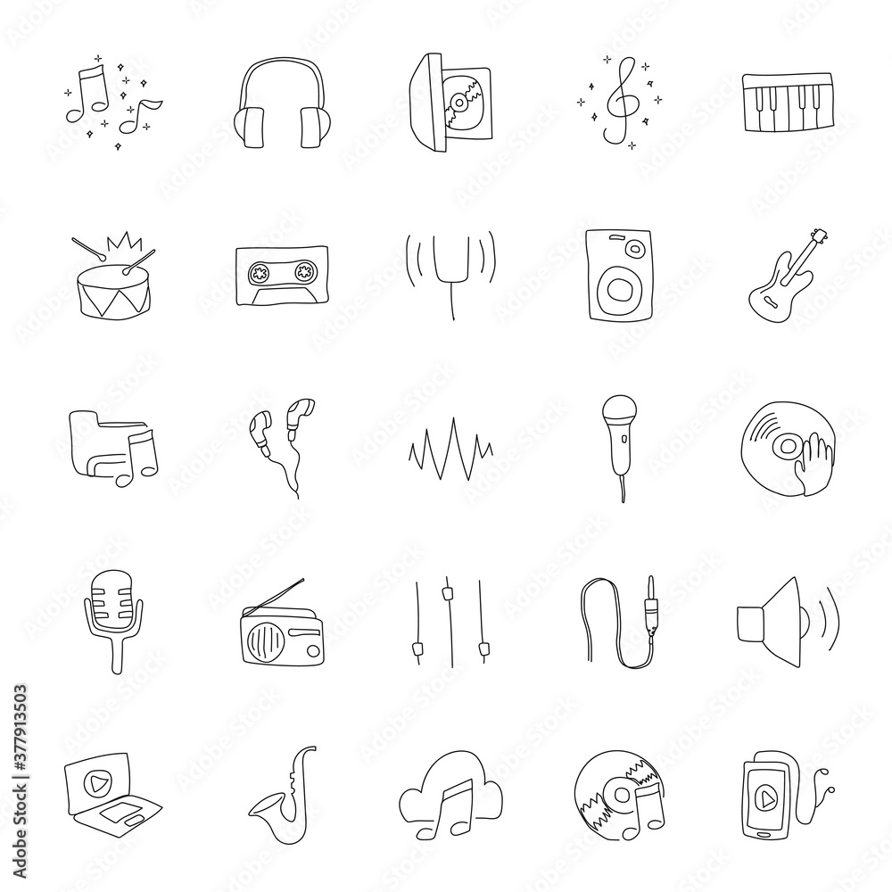 Fototapeta premium music hand drawn linear doodles isolated on white background. music icon set for web and ui design, mobile apps and print products