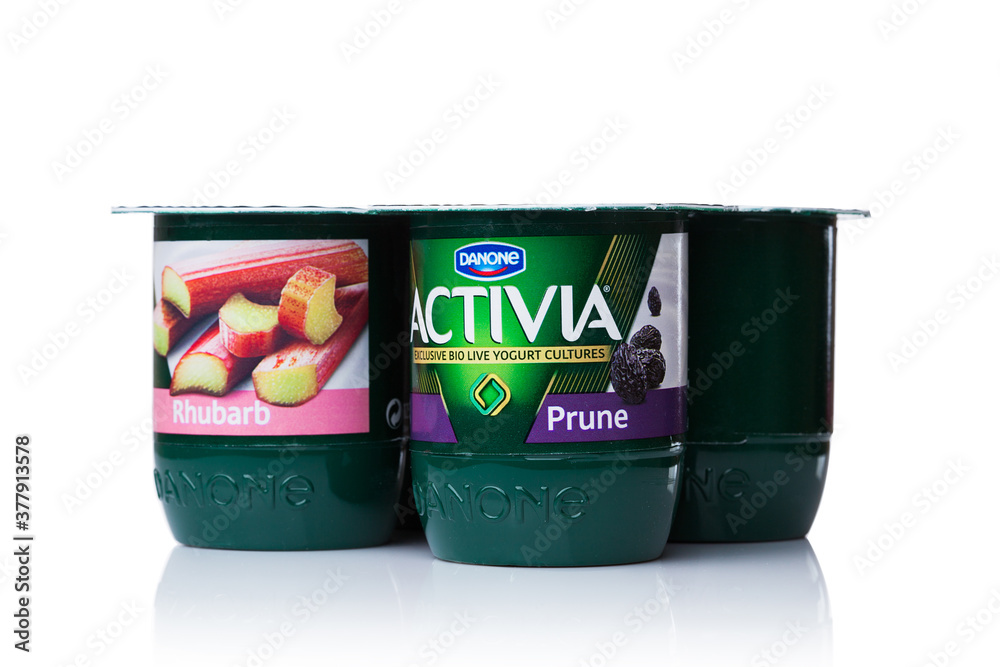 LONDON, UK OCTOBER 20, 2017 Pack of Activia yogurt with rhubarb and