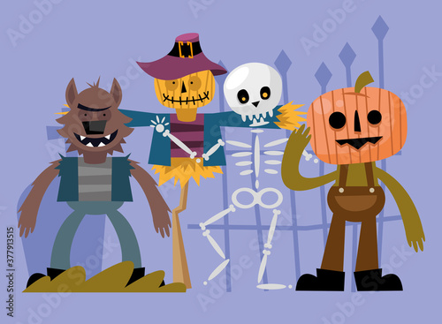 Halloween werewolf scarecrow skull and pumpkin cartoons vector design