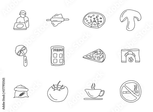 pizzeria hand drawn linear vector icons isolated on white background. pizzeria doodle icon set for web and ui design, mobile apps and print products