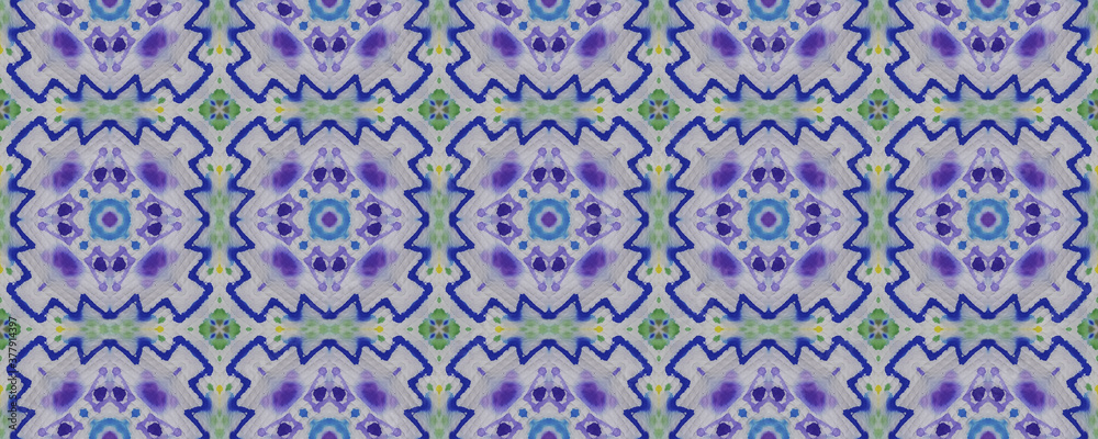 Indian Native American Pattern. Seamless Tie Dye Ornament. Ikat Japanese Design. Blue, Indigo, Yellow, Red Seamless Texture. Abstract Kaleidoscope Design. Indian Traditional Americal Pattern.