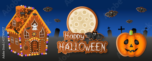 happy halloween banner with gingerbreads and candies