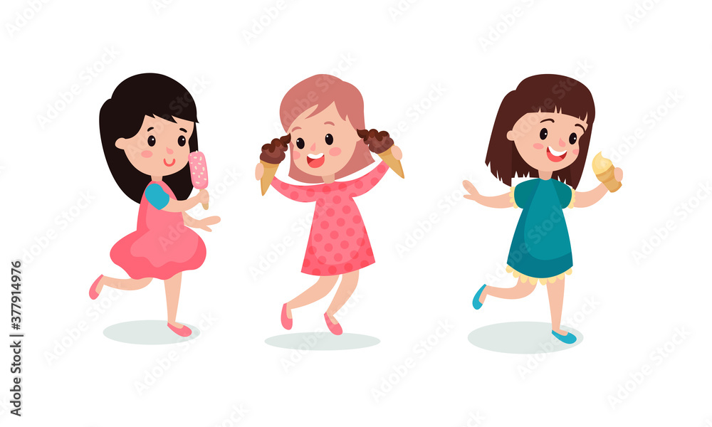 Happy Girls Eating Tasty Ice Cream Vector Illustration Set Happy Girls Eating Tasty Ice Cream Vector Illustration Set