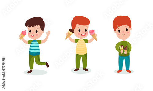 Happy Boys Standing and Holding Ice Cream Waffle Cone Vector Illustration Set