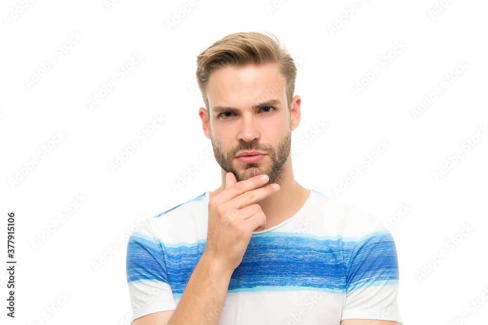 casual styled man with unshaven face and groomed hair thinking about something isolated on white background, beauty and fashion casual styled man with unshaven face and groomed hair thinking about something isolated on white background, beauty and fashion