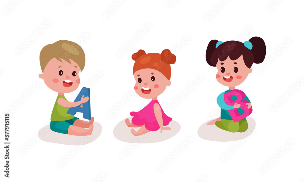 Little Kids Sitting on Floor and Playing with Alphabet Characters Vector Illustration Set Little Kids Sitting on Floor and Playing with Alphabet Characters Vector Illustration Set