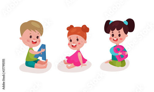 Little Kids Sitting on Floor and Playing with Alphabet Characters Vector Illustration Set