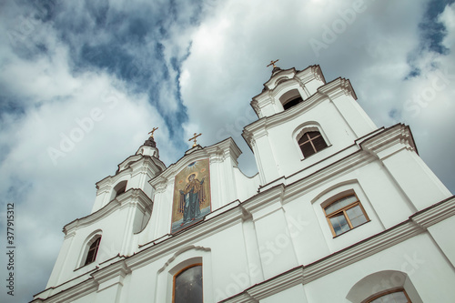 Holy Spirit Cathedral on the background of blue cloudy sky in Minsk, Belarus