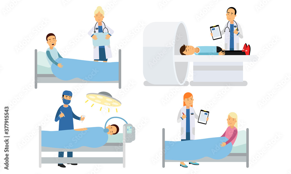 Doctor Characters in White Coats Examining and Checking up the Patients Vector Illustration Set Doctor Characters in White Coats Examining and Checking up the Patients Vector Illustration Set