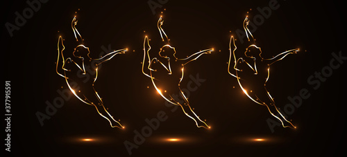 Silhouette of three ballerinas, dancers in movement on pointe and in packs, tutu. Drawn by hand with a stroke of golden color with light on a black background. Performance in the theater. Vector.