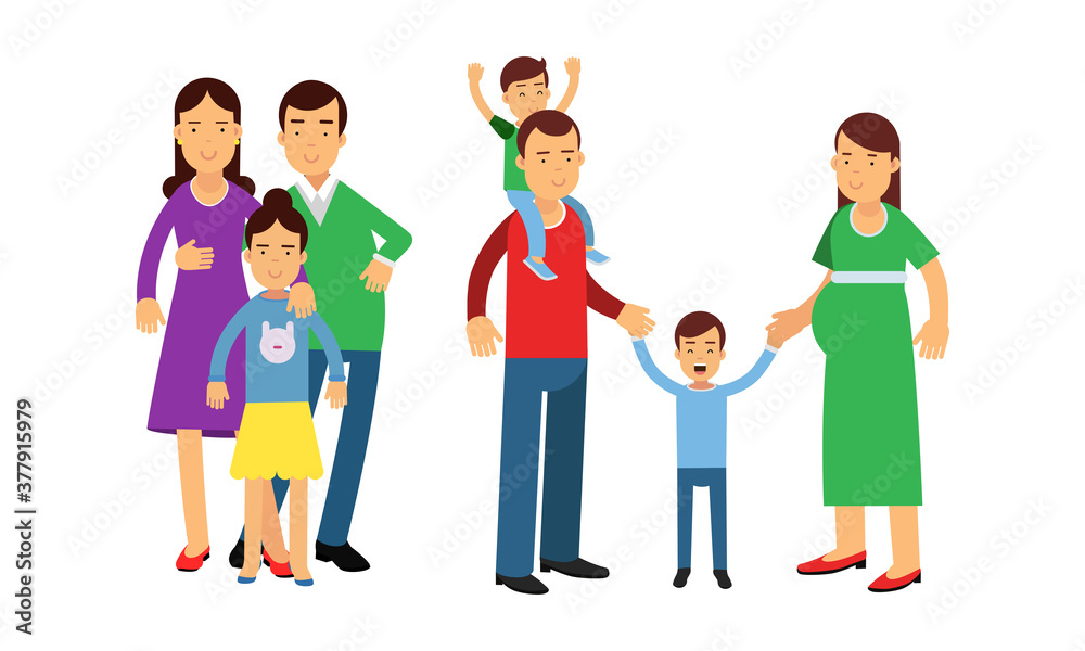 Family Members Walking and Spending Time Together Vector Illustration Set Family Members Walking and Spending Time Together Vector Illustration Set