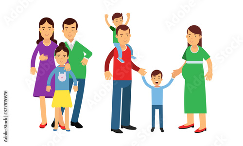 Family Members Walking and Spending Time Together Vector Illustration Set