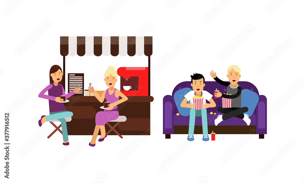 Woman and Man Friends Sitting in Cafe and Watching Movie Vector Illustration Set