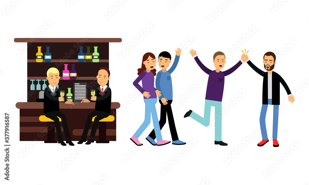 Woman and Man Friends Sitting in Bar Drinking Alcohol and Walking Vector Illustration Set