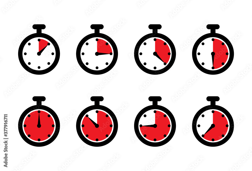 Stopwatch, timer icons set. Speed measurements, countdown from 0 to 60