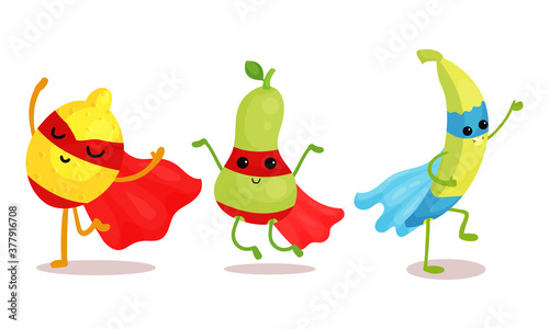 Funny Fruits Wearing Superhero Cloak Vector Illustration Set