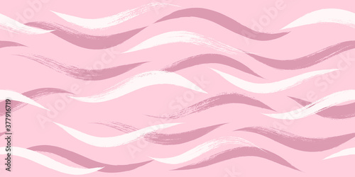 Seamless Wave Pattern, Hand drawn pink sea modern vector background. Wavy beach brush stroke, curly grunge paint lines, girly watercolor illustration