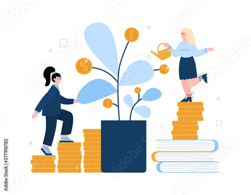 Business women watering pot with money tree, flat cartoon vector illustration isolated on white background. Business success and successful investments metaphor.
