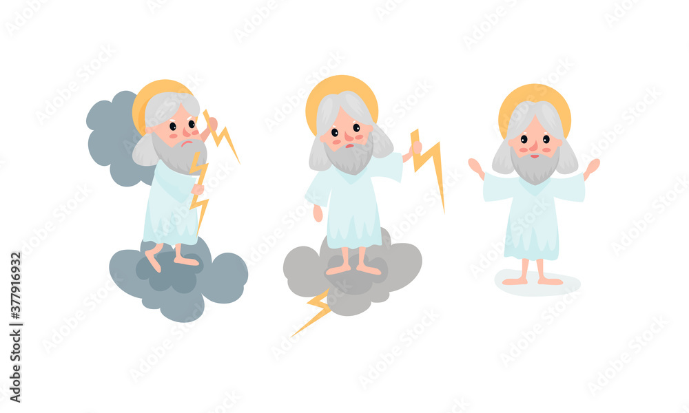 God Character with Nimbus Standing on Cloud Holding Lightning Vector Illustration Set God Character with Nimbus Standing on Cloud Holding Lightning Vector Illustration Set