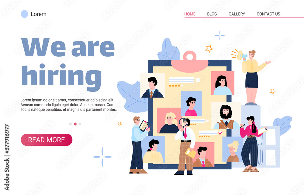 We are hiring web banner template with cartoon HR managers looking at candidates' resumes, flat cartoon vector illustration. Recruiting and starting career website.