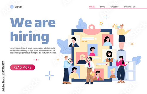 We are hiring web banner template with cartoon HR managers looking at candidates' resumes, flat cartoon vector illustration. Recruiting and starting career website.
