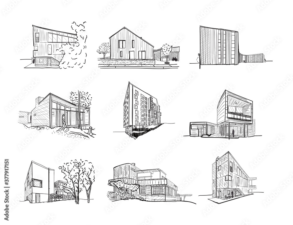 Set with city buildings, monochrome sketches. Drawing free hand. Decorative elements set, isolated on white vector illustration.