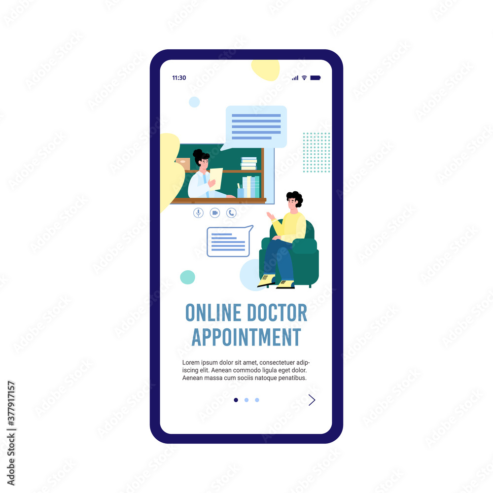 Mobile app on the phone screen with medical online consultation. Female doctor appointments for male patient using internet. Flat cartoon vector illustration. Mobile app on the phone screen with medical online consultation. Female doctor appointments for male patient using internet. Flat cartoon vector illustration.