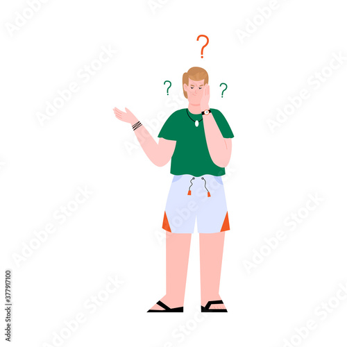 Confused man doubting and hesitating, cartoon vector illustration isolated on white background. Man feeling uncertain and confused standing surrounded with question marks.