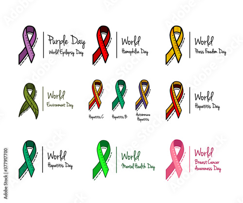 Different colored awareness ribbon collection. Set of colorful awareness ribbons regarding mental health, hemophilia and other conditions and disorders. Vector icon set isolated on white.