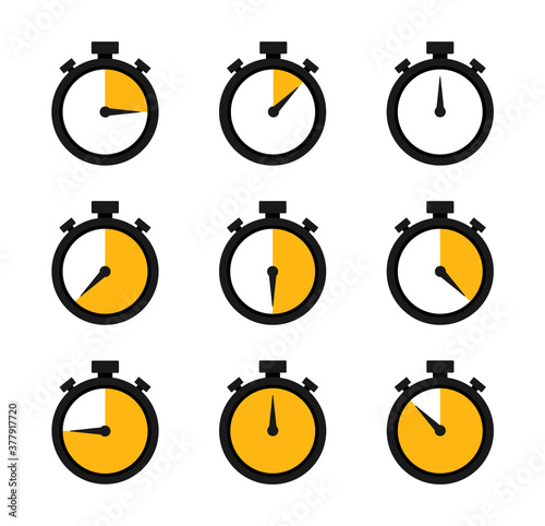 Stopwatch, timer icons set. Speed ​​measurements, countdown from 0 to 60 seconds. Vector illustration
