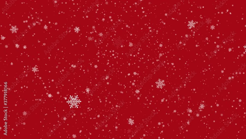 Snowflakes falling animation on red background.