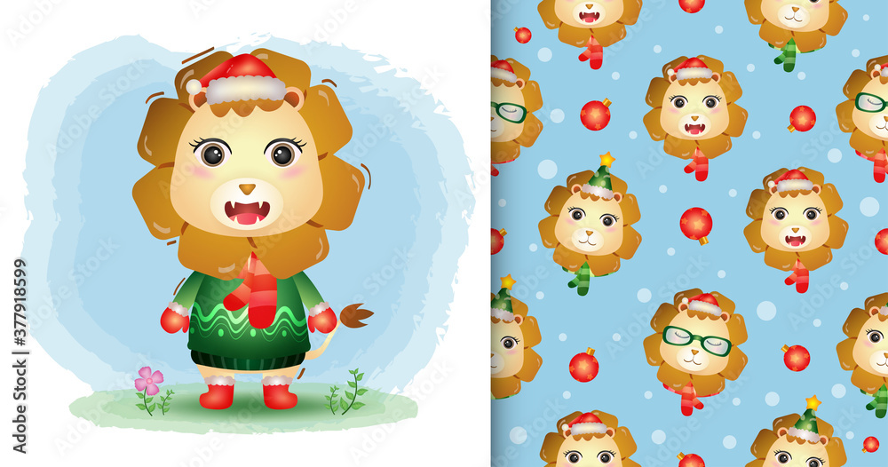 a cute lion christmas characters collection with a hat, jacket and scarf. seamless pattern and illustration designs