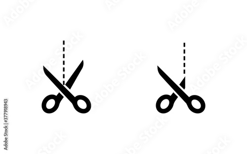 Scissors black vector icons. Scissors with cut lines. Scissors, isolated. Vector illustration