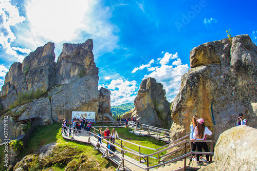 15.07.2019 view on Tustan fortress - archeological and natural monument of national significance in Urych, Lviv, Ukraine. Old Rus rocky defense complex 9th — 16th centuries Tustan. photo