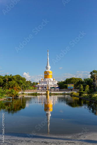 Wat Phra That Na Dun  is an important Buddhist attraction. Applied from a model stupa that enshrines the relics of the Lord Buddha With characteristics of Silpakorn, Dvaravati, Maha Sarakham, Thailand photo