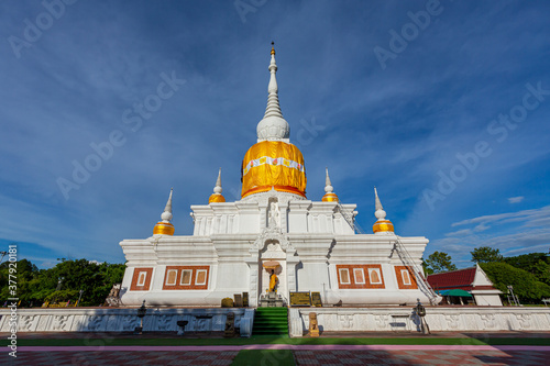 Wat Phra That Na Dun  is an important Buddhist attraction. Applied from a model stupa that enshrines the relics of the Lord Buddha With characteristics of Silpakorn, Dvaravati, Maha Sarakham, Thailand photo