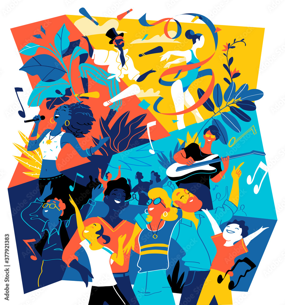 Poster per festival musicali estivi, celebrazioni, feste. Un gruppo di persone è felice di essere insieme per celebrare un evento speciale - obrazy, fototapety, plakaty 