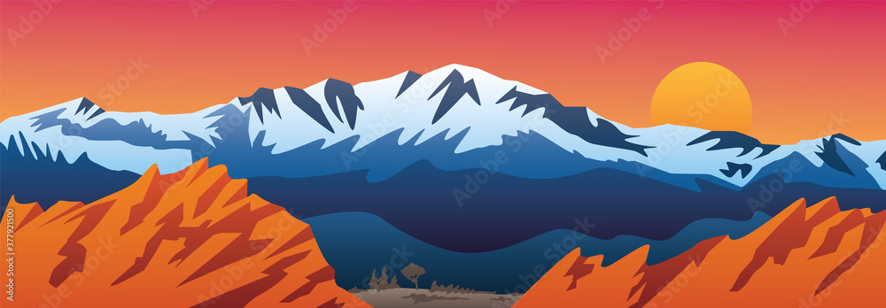 Mountains Valley and Red Rocks Scenic Landscape Vector Illustration - obrazy, fototapety, plakaty 