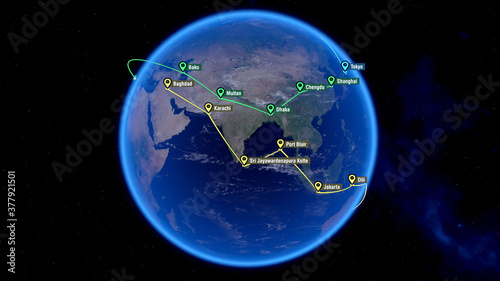 Localization  GPS Navigation  Path Finding in Europe  Asia. Global Communications - Destinations all over the World. City Names and Locations. Global Positioning System. 3D Illustration.