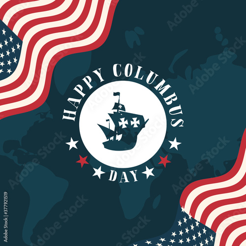 ship on seal stamp between flags of happy columbus day vector design
