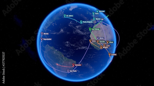 Localization, GPS Navigation, Path Finding in Europe, Africa and America. Global Communications - Destinations all over the World. City Names and Locations. Global Positioning System. 3D Illustration.