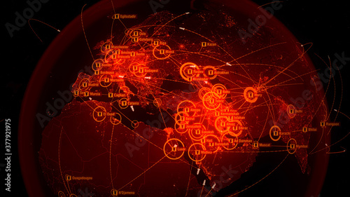 Battlefield Maps. Terror Plans. Bombs Fly Between Cities in Europe and Asia. World War 3. Nuclear Holocaust. City Names in English. 3d Illustration.