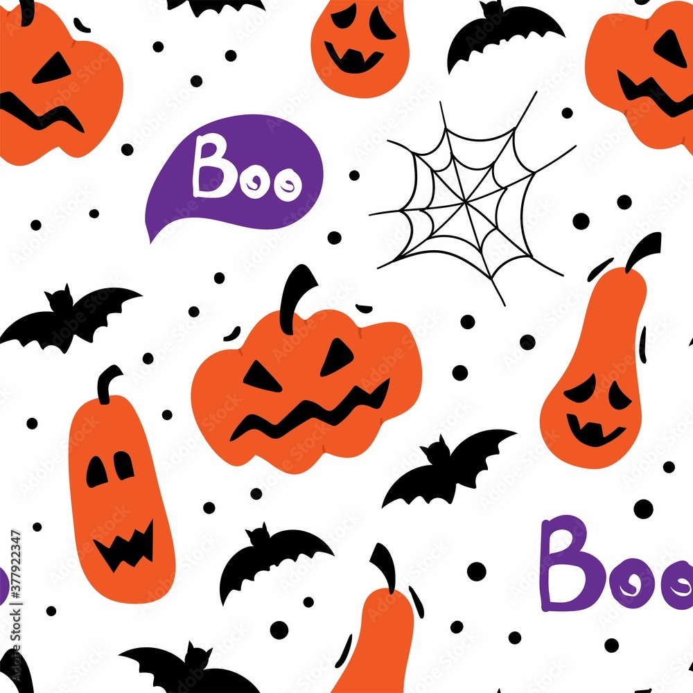 Halloween flat seamless pattern. Horror holiday pumpkin and bat, boo text and spiderweb doodle cartoon creative design textile, wrapping, wallpaper vector texture on white background
