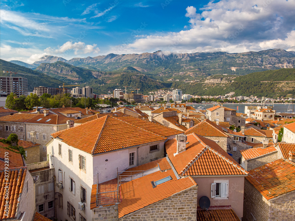 Aerial drone view - Budva, Old town, Montenegro