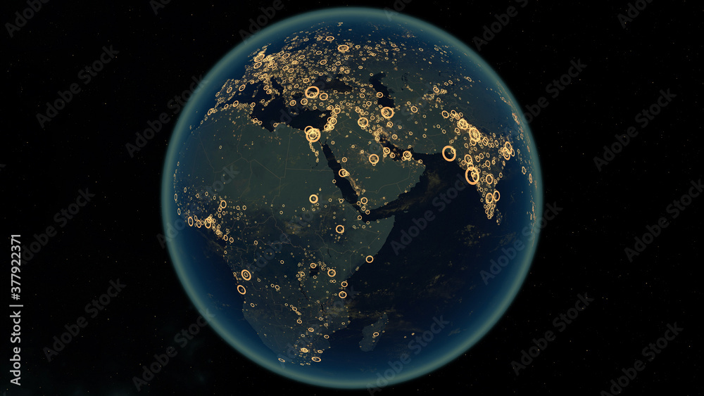 Number of People Living in Cities. Europe, Africa and Asia. World Population Density Map. Each Circle Represents the Number of Population per City. 3D Illustration.