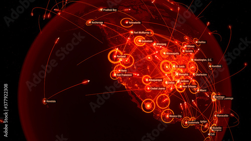 Global Communications over North America. Arrows fly between Cities. Flight Paths. City Lights. City Names in English. Red Version. 3D Illustration.