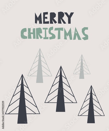 Merry Christmas postcard. New year card with xmas trees and lettering, winter festive gift cards, noel hand drawn poster or banner vector cartoon doodle illustration in scandinavian style