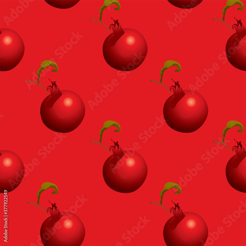 Seamless pattern with red ripe pomegranates and green leaves. Decorative vector background with red garnet fruits, suitable for wallpaper, wrapping paper, fabric, textile, design.