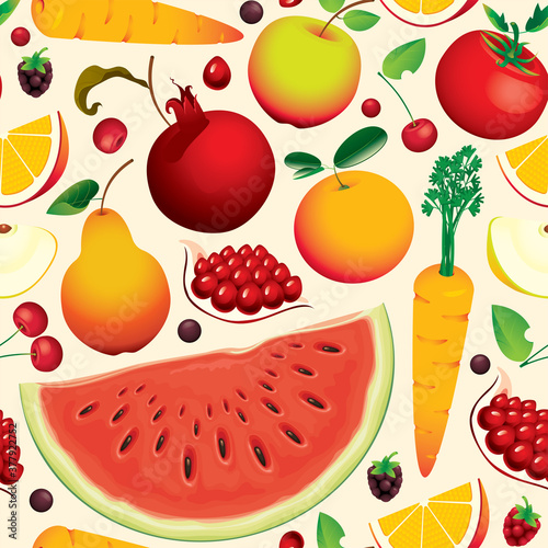Fototapeta Naklejka Na Ścianę i Meble -  Seamless pattern with various whole and sliced fruits, berries, vegetables. Summer vector background with juicy fruits, suitable for wallpaper, wrapping paper, fabric, textile, design.